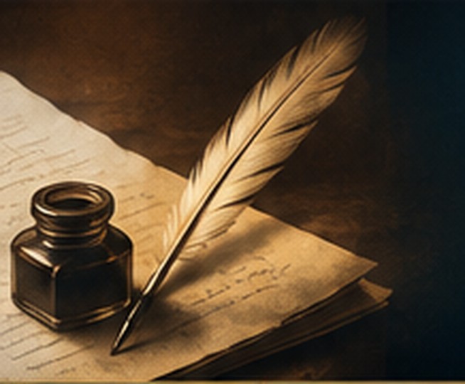 Quill pen, inkwell and open manuscript pages